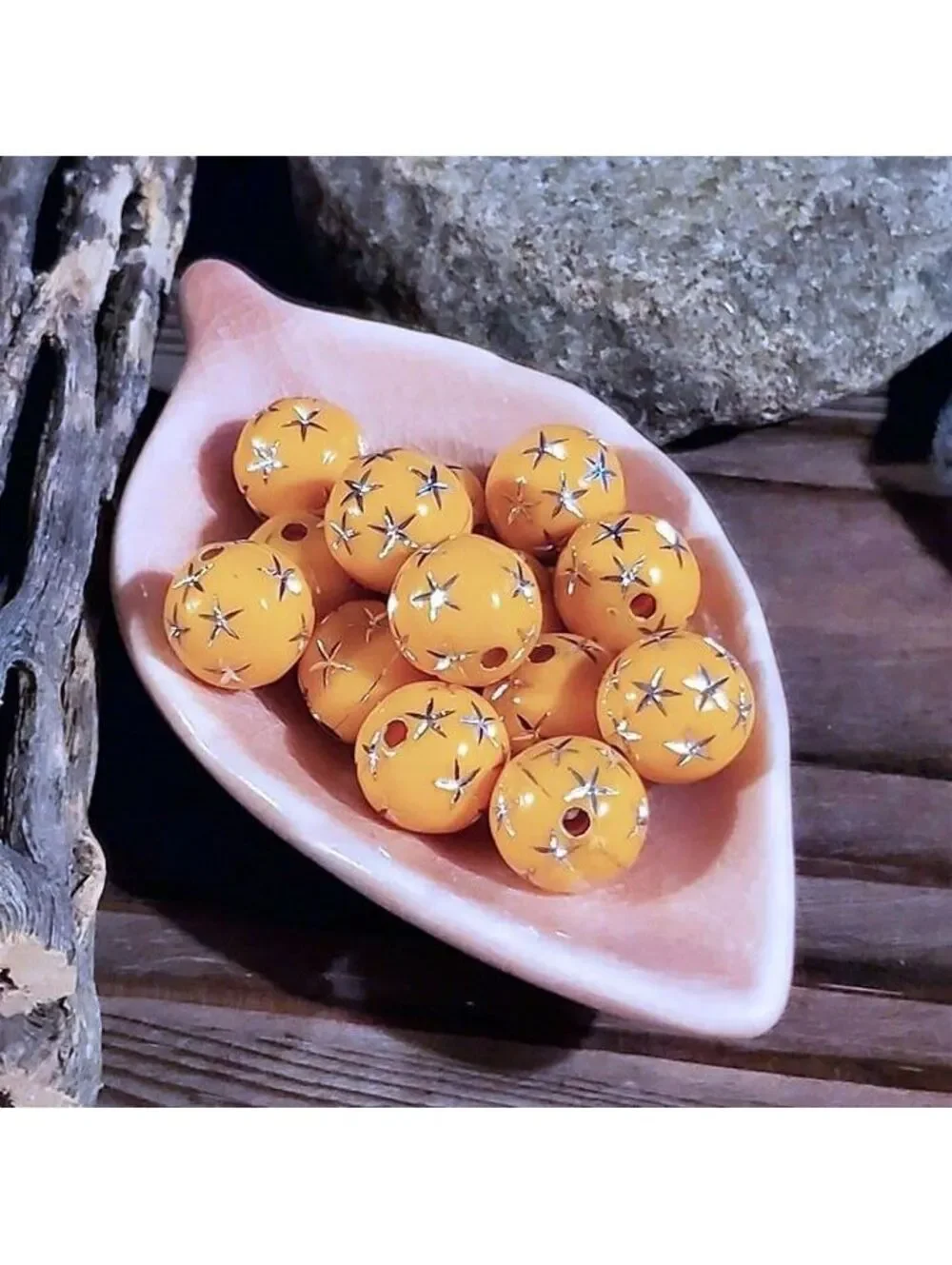 10 Vintage Retro Orange Silver Stars 12mm Round Acrylic Shabby Chic Beads